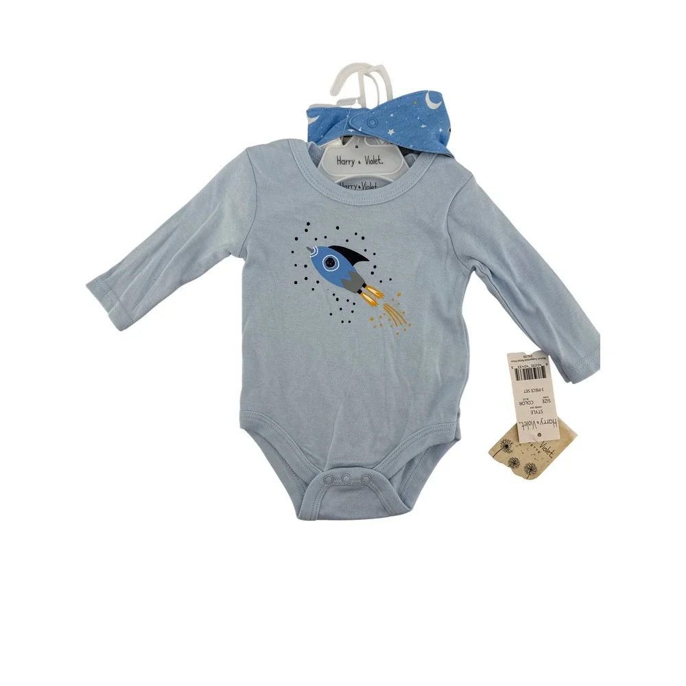 Harry & Violet Baby Boy 3PC Space Rocket Bodysuit Pants Bib Set Blue 3-6M